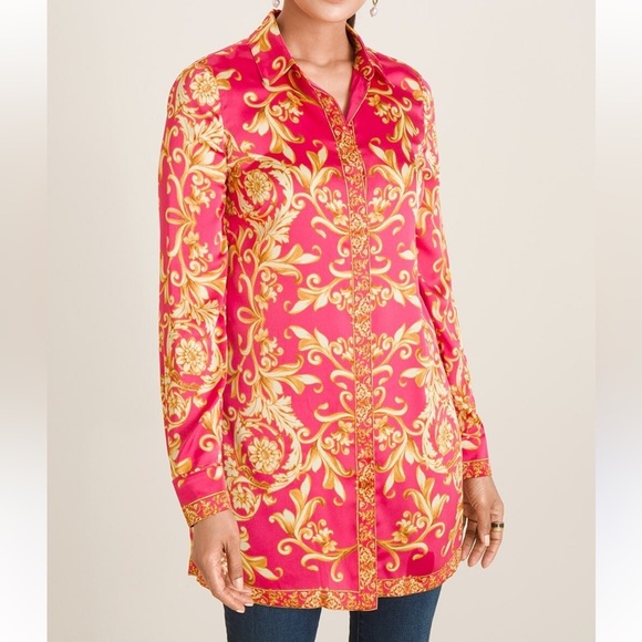Chico's Ornate Scroll Satin Gold Pink  Button Front Tunic Blouse Size 3 16-18 - Picture 1 of 7